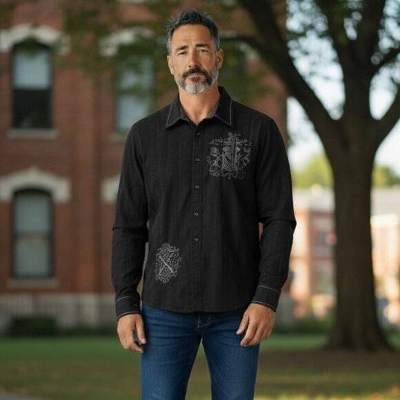 Pronto Uomo Other - Pronto Uomo Button Down Graphic Shirt Black Size XL X Large 100% Cotton